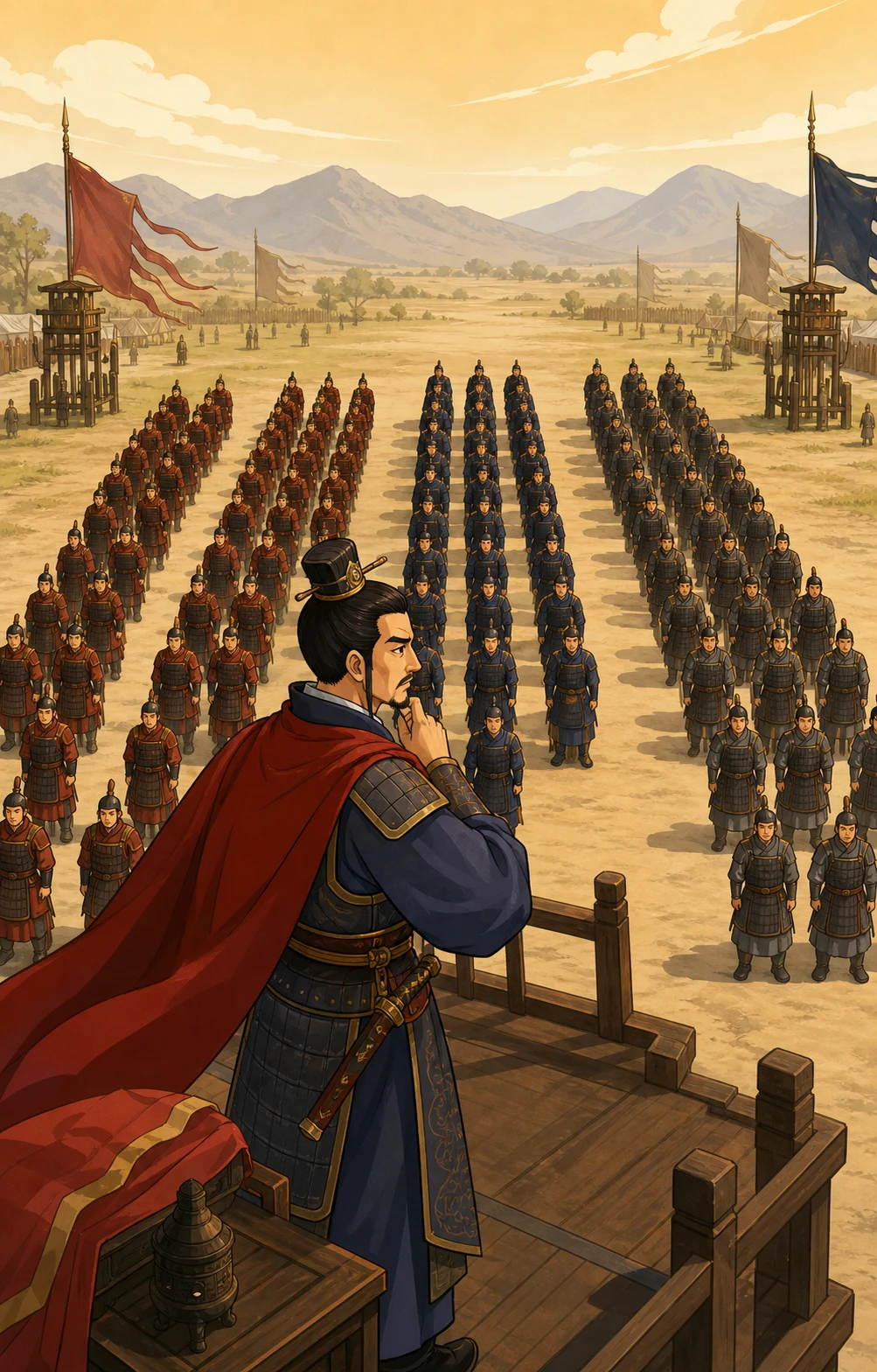 韩信在点兵台上观察多组士兵队列的动画风格插画