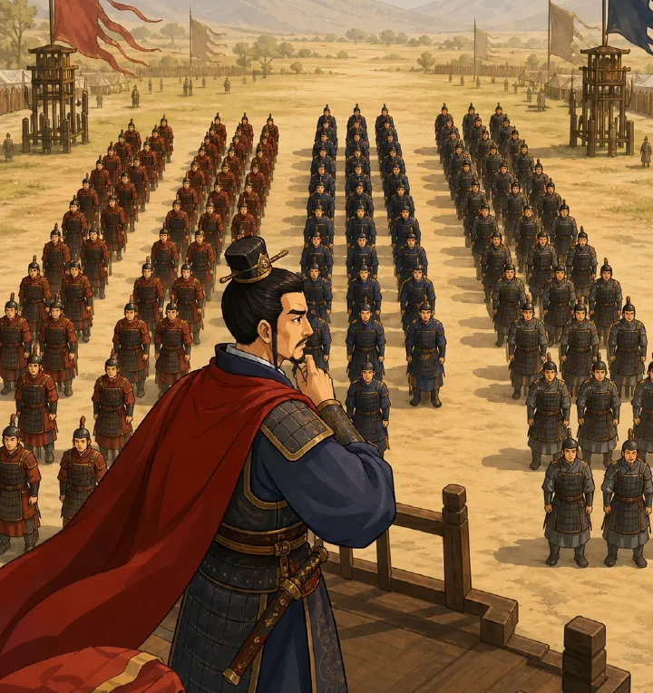韩信在点兵台上观察多组士兵队列的动画风格插画